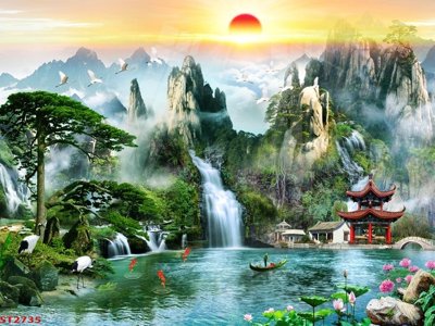 File tranh Tranh sơn thủy thác nước phong thủy ST2735 (gốc) chủ đề động vật