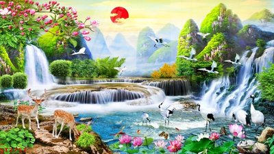 File tranh Tranh sơn thủy thác nước phong thủy ST2751 (gốc) chủ đề thành phố