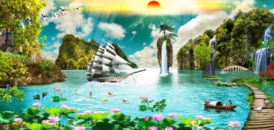 File tranh Tranh sơn thủy thác nước phong thủy ST2762 (ảnh gốc) in trần nhà