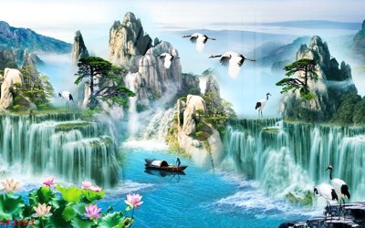 File gốc Tranh sơn thủy thác nước phong thủy ST2763 (PNG) không nền chất lượng