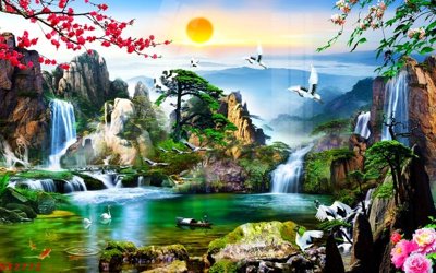 File tranh Tranh sơn thủy thác nước phong thủy ST2772 (gốc) chủ đề động vật