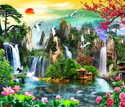 File gốc Tranh sơn thủy thác nước phong thủy ST2780 (PSD/TIFF) độ phân giải cao