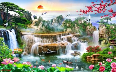 File PSD in ấn Tranh sơn thủy thác nước phong thủy ST2784 (chất lượng cao)