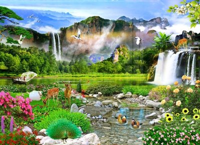 File in trần Tranh sơn thủy thác nước phong thủy ST2795 (bản gốc) mây trời