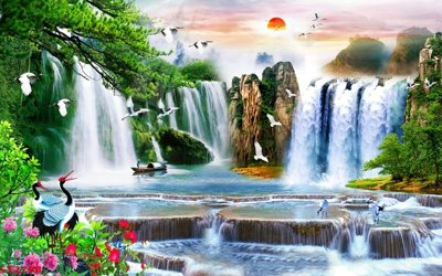 File in trần Tranh sơn thủy thác nước phong thủy ST2798 (bản gốc) đại dương