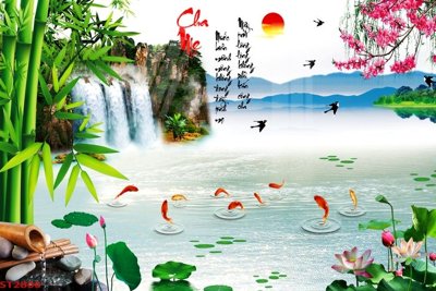 File tranh Tranh sơn thủy thác nước phong thủy ST2800 (file gốc) chủ đề phong thủy