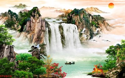 Hình ảnh file gốc in trần nhà Tranh sơn thủy thác nước phong thủy ST2816