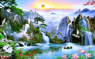 File gốc Tranh sơn thủy thác nước phong thủy ST2833 (trang trí) phòng ngủ