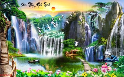 Tải file gốc Tranh sơn thủy thác nước phong thủy ST2836 (bản PSD) đầy đủ layer
