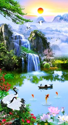 File in trần Tranh sơn thủy thác nước phong thủy ST2839 (file gốc) phong thủy