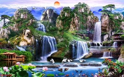 File PSD Tranh sơn thủy thác nước phong thủy ST2840 (nguyên bản) cho thiết kế