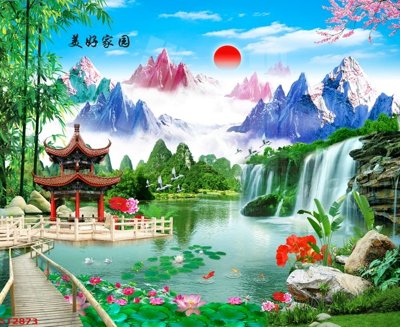 Tải xuống file tranh gốc Tranh sơn thủy thác nước phong thủy ST2873 (PSD/TIFF)