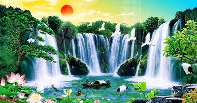 File gốc Tranh sơn thủy thác nước phong thủy ST2882 (in tráng gương) hiện đại