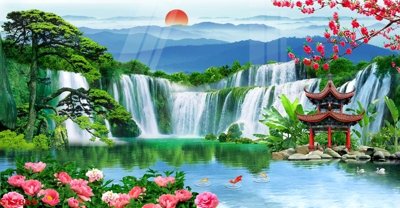 Ảnh mô tả file gốc in mica Tranh sơn thủy thác nước phong thủy ST2889