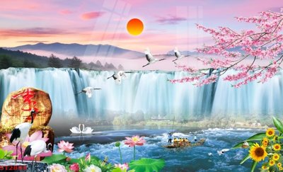 Download file gốc Tranh sơn thủy thác nước phong thủy ST2895 (in lụa) tranh 3D