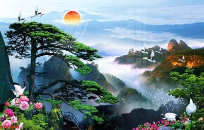 Tải file gốc in lụa Tranh sơn thủy thác nước phong thủy ST2898 siêu nét