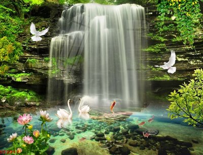 File PSD Tranh sơn thủy thác nước phong thủy ST2917 (gốc) nhiều lớp (multi-layer)