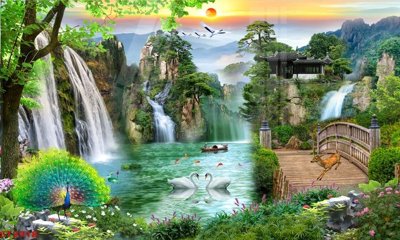 File gốc Tranh sơn thủy thác nước phong thủy ST2918 (in mica) làm bảng hiệu