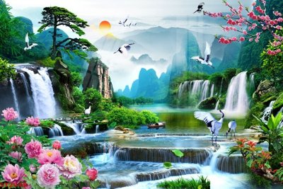 File PSD Tranh sơn thủy thác nước phong thủy ST2945 (bản gốc) độ phân giải cao