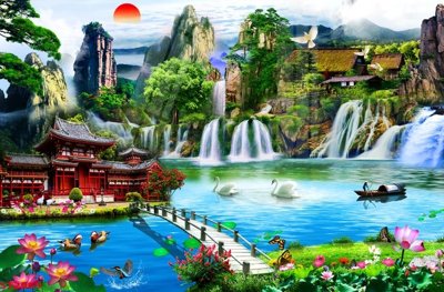 File gốc Tranh sơn thủy thác nước phong thủy ST2969 (in lụa) tranh thuận buồm