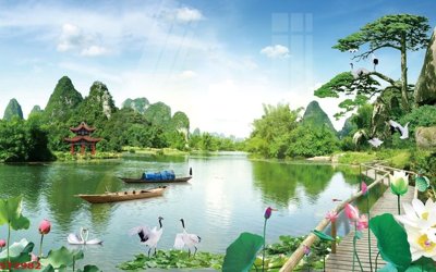 Ảnh mô tả file gốc in mica Tranh sơn thủy thác nước phong thủy ST2982