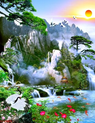 File gốc Tranh sơn thủy thác nước phong thủy ST2983 (in lụa) tranh mã đáo