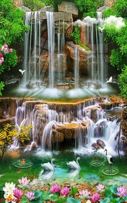 File gốc in tráng gương Tranh sơn thủy thác nước phong thủy ST3000 chi tiết