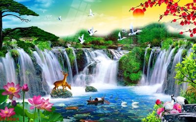 File ảnh Tranh sơn thủy thác nước phong thủy ST3021 (gốc) in backdrop sự kiện