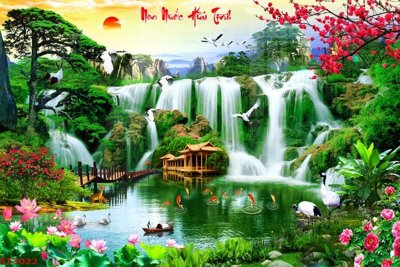 File PSD Tranh sơn thủy thác nước phong thủy ST3022 (gốc) cho in quảng cáo