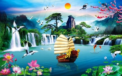 File gốc Tranh sơn thủy thác nước phong thủy ST3023 cho in ấn và thiết kế