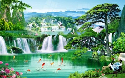 File in mica Tranh sơn thủy thác nước phong thủy ST3026 (ảnh gốc) đẹp