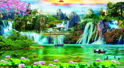 File in lụa Tranh sơn thủy thác nước phong thủy ST3027 (chất lượng cao) Tranh sơn thủy thác nước phong thủy ST3027