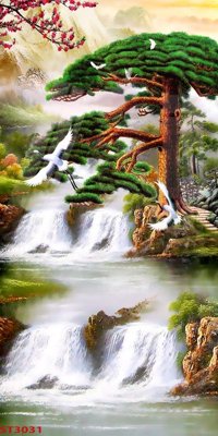 File tranh Tranh sơn thủy thác nước phong thủy ST3031 (bản gốc) treo quán cafe