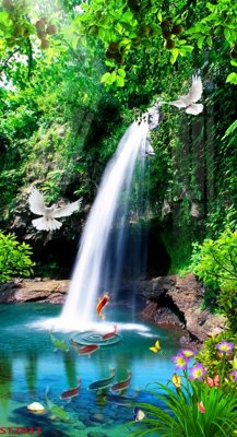 File PSD Tranh sơn thủy thác nước phong thủy ST3033 (nguyên bản) cho thiết kế