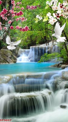 File gốc Tranh sơn thủy thác nước phong thủy ST3037 (in lụa) tranh phong thủy