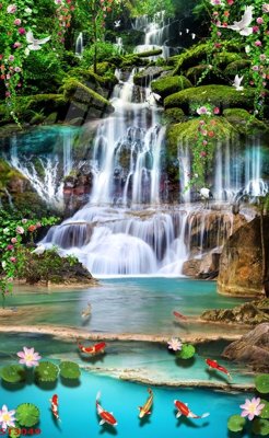 File ảnh Tranh sơn thủy thác nước phong thủy ST3049 (gốc) in standee