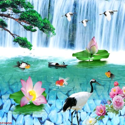 File tranh Tranh sơn thủy thác nước phong thủy ST3050 (file gốc) chủ đề phong thủy