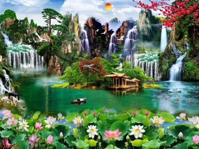 Tải file Tranh sơn thủy thác nước phong thủy ST3064 (ảnh gốc) in gạch men