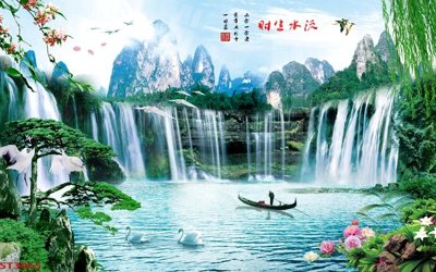 Ảnh gốc file in lụa Tranh sơn thủy thác nước phong thủy ST3065 chi tiết