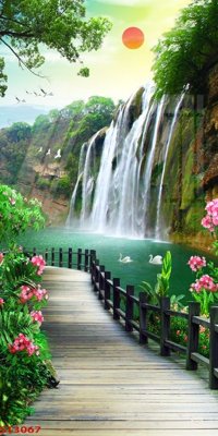 File in lụa Tranh sơn thủy thác nước phong thủy ST3067 (hoa văn) Tranh sơn thủy thác nước phong thủy ST3067