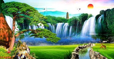 File tranh quảng cáo Tranh sơn thủy thác nước phong thủy ST3072 (download file gốc)