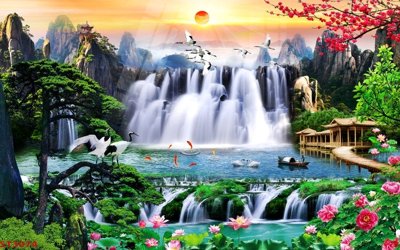 File gốc Tranh sơn thủy thác nước phong thủy ST3074 (thiết kế) độc quyền