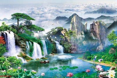 File gốc Tranh sơn thủy thác nước phong thủy ST3076 (chuẩn màu) cho in offset
