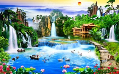 File gốc Tranh sơn thủy thác nước phong thủy ST3078 (ảnh chi tiết) để in ấn