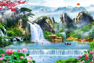 Download file Tranh sơn thủy thác nước phong thủy ST3116 (gốc) in mica bàn thờ