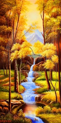 Ảnh gốc file in lụa Tranh sơn thủy thác nước phong thủy ST3137 chi tiết