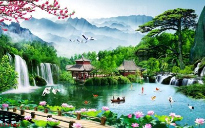 Tải file Tranh sơn thủy thác nước phong thủy ST3141 (gốc) chủ đề hoa sen