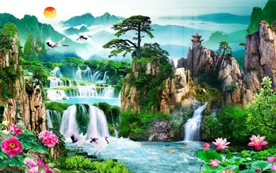 File tranh Tranh sơn thủy thác nước phong thủy ST3157 (gốc) chủ đề con người