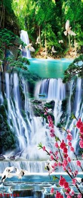 Hình ảnh file gốc in lụa Tranh sơn thủy thác nước phong thủy ST3161