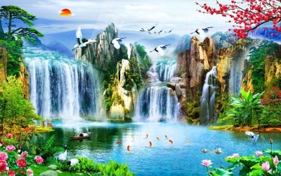 File tranh Tranh sơn thủy thác nước phong thủy ST3176 (bản gốc) treo tường